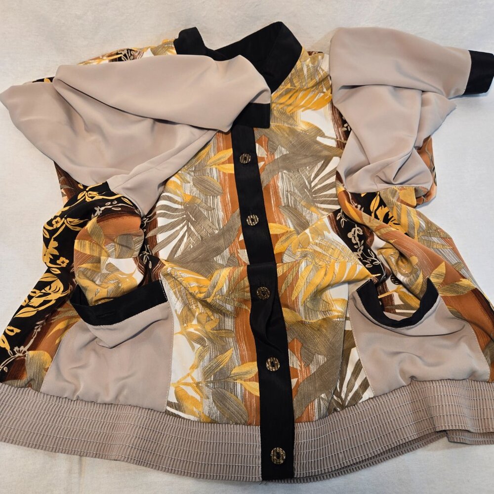 USA Made PETER POPOVITCH Vintage Retro Silky Tan  Floral Bomber Jacket Size X-L. - Picture 8 of 16